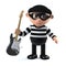 3d Funny cartoon burglar thief character stealing an electric guitar