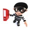 3d Funny cartoon burglar thief character stealing a folder full of data