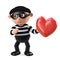 3d Funny cartoon burglar thief character stealing a red heart