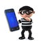 3d Funny cartoon burglar thief character stealing a smartphone