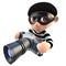 3d Funny cartoon burglar thief character taking a photo with a camera
