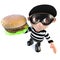 3d Funny cartoon burglar thief holding a cheese burger