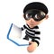 3d Funny cartoon burglar thief reading a book
