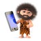 3d Funny cartoon caveman character has a smartphone tablet device