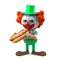 3d Funny cartoon clown character eats a hotdog snack