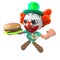 3d Funny cartoon clown character holding a cheese burger