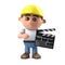 3d Funny cartoon construction worker holding a movie makers clapper board