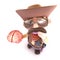 3d Funny cartoon cowboy sheriff character holding a human brain