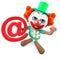 3d Funny cartoon crazy clown character holding an email address symbol
