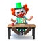 3d Funny cartoon crazy clown character sitting and waving at his desk