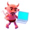 3d Funny cartoon Devil holding a laptop computer