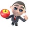 3d Funny cartoon executive businessman character holding an apple