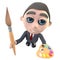 3d Funny cartoon executive businessman character holding a paint brush and palette