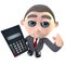 3d Funny cartoon executive businessman character using a calculator