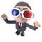 3d Funny cartoon executive businessman character watching a 3d movie