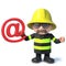 3d Funny cartoon fire fighter fireman holding an email address symbol