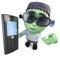 3d Funny cartoon frankenstein monster holding a cellphone