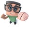 3d Funny cartoon geek nerd hacker character holding a human brain