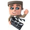 3d Funny cartoon hiker adventurer character holding a movie makers film slate clapperboard