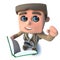 3d Funny cartoon hiker adventurer character reading a book