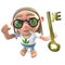 3d Funny cartoon hippy stoner character holding a gold key symbolising success