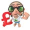 3d Funny cartoon hippy stoner character holding a UK Pounds currency symbol
