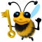3d Funny cartoon honey bee character holding a gold key
