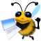 3d Funny cartoon honey bee character holding a laptop pc device