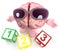 3d Funny cartoon human brain character playing with counting blocks
