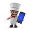 3d Funny cartoon Italian pizza chef character has a new smartphone