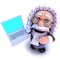 3d Funny cartoon judge character holding a laptop pc device