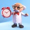 3d funny cartoon mad scientist professor character holding an alarm clock, 3d illustration