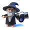 3d Funny cartoon magic wizard character holding a camera