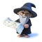 3d Funny cartoon magician wizard character navigates with a map