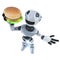 3d Funny cartoon mechanical robot character holding a cheese burger fast food snack