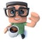 3d Funny cartoon nerd geek character drinking a cup of coffee