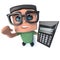 3d Funny cartoon nerd geek character holding a calculator