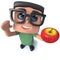 3d Funny cartoon nerd geek hacker character holding an apple