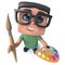 3d Funny cartoon nerd geek hacker character holding a paintbrush and palette