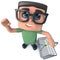 3d Funny cartoon nerd geek hacker character holding a shopping basket