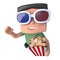 3d Funny cartoon nerd geek hacker character watching a 3d movie eating popcorn