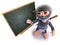 3d Funny cartoon ninja assassin standing at a blackboard