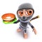 3d Funny cartoon ninja assassin warrior character holding a cheeseburger snack