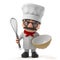3d Funny cartoon old chef character has a whisk and bowl to bake a cake
