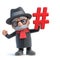 3d Funny cartoon old man character holding a hashtag symbol