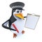 3d Funny cartoon police penguin character holding a clipboard and pencil