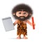 3d Funny cartoon primitive caveman character holding a notepad and pencil