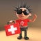 3d funny cartoon punk rocker character carrying a medic`s first aid kit, 3d illustration