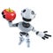 3d Funny cartoon robot android holding a juicy red apple