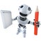 3d Funny cartoon robot character holding a notepad and pencil